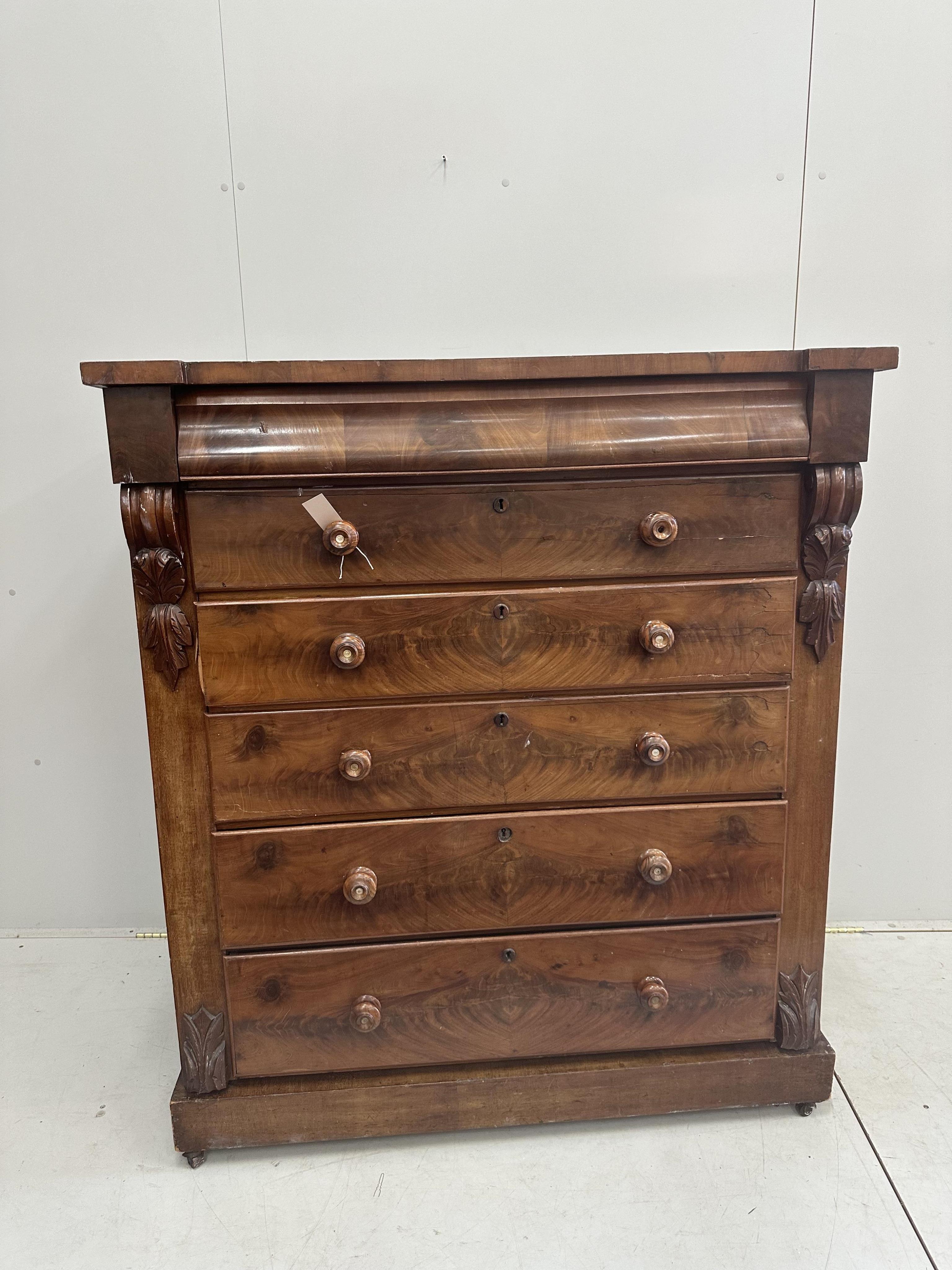 A Victorian mahogany Scottish chest of drawers, width 120cm, depth 55cm, height 137cm. Condition - poor